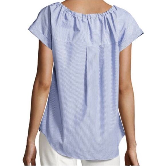 Theory Velvela Taff Stripe Cotton Tie Neck Button Front Top Women Medium Blue - Picture 7 of 7